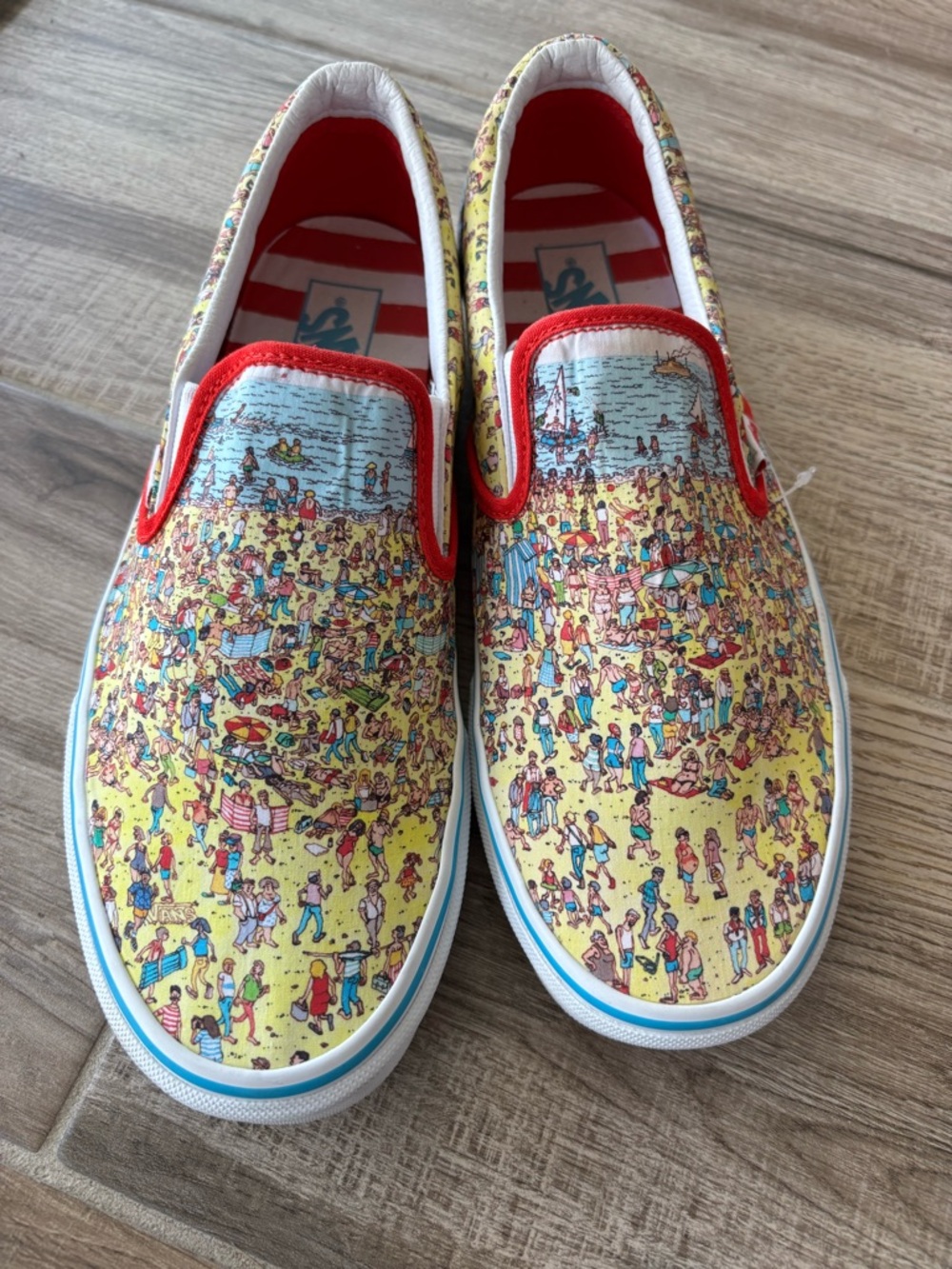 Vans Slip-On Loafers Where’s Waldo in Yellow, Red, Blue Beach Print